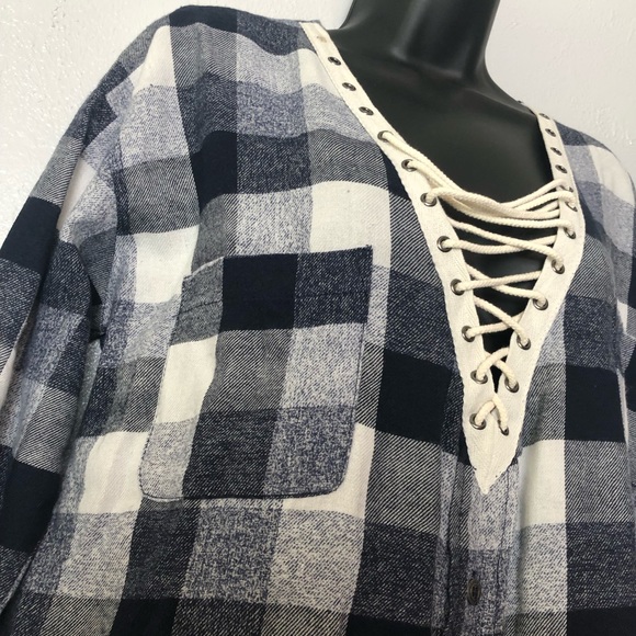 MISS LOVE boho rope neckline plaid shirt blouse M - Picture 3 of 15
